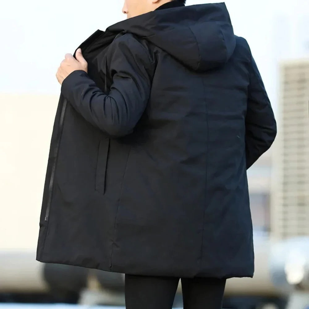 Belro Neat Long Men's Coat in stylish outerwear with a tailored fit, shown hanging on a hanger with a neutral background.