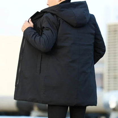 Belro Neat Long Men's Coat in stylish outerwear with a tailored fit, shown hanging on a hanger with a neutral background.