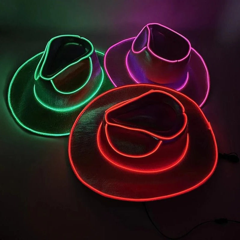 Belro LED cowboy hat with built-in light, stylish sun hat accessory featuring illuminated brim for outdoor wear at night.