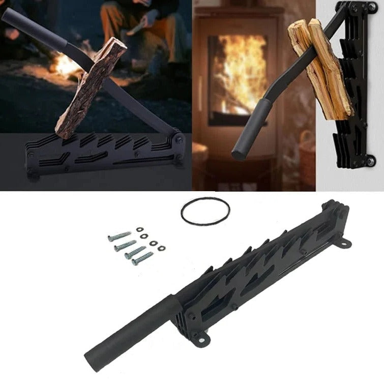 Belro wall-mounted firewood kindling splitter tool, made of durable metal, shown mounted on a wooden wall for splitting firewood.