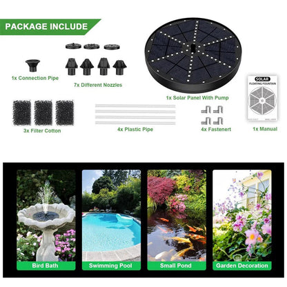 Belro solar fountain with 60 LED lights, outdoor garden feature, showcasing water spray and illuminated LED lights at night.
