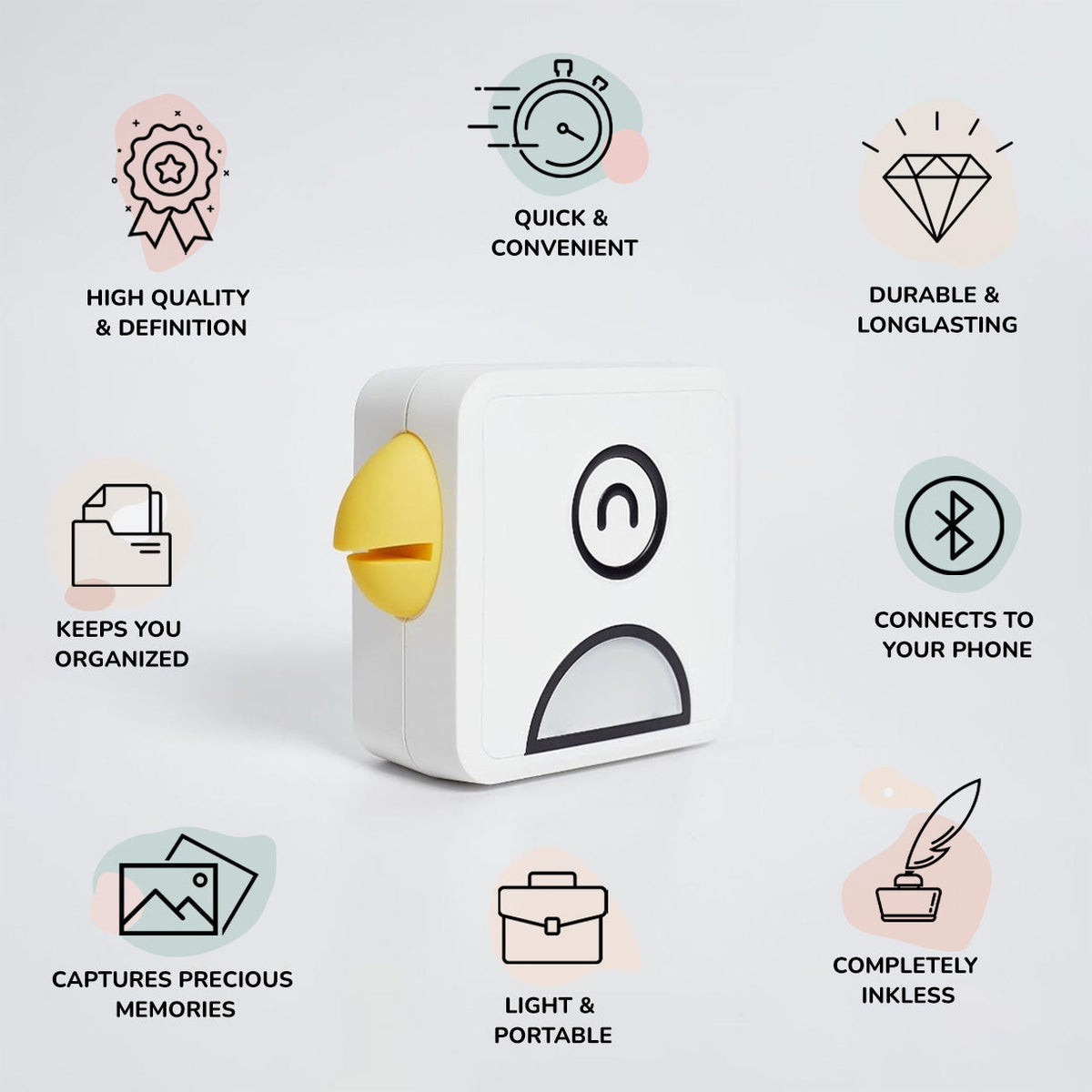 Belro pocket inkless printer showcasing its compact design and sleek black exterior on a plain background.