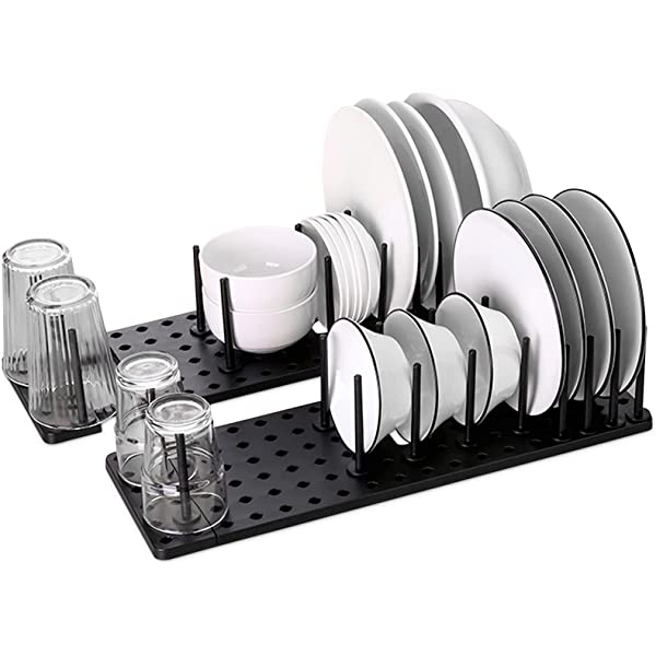 Belro easy adjustable drain rack for kitchen, with multiple slots for drying dishes and utensils on a countertop.