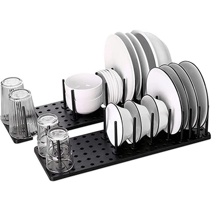 Belro easy adjustable drain rack for kitchen, with multiple slots for drying dishes and utensils on a countertop.