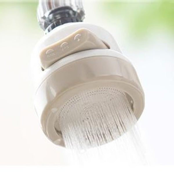 Belro rotating faucet attachment with three spray modes, connected to a kitchen faucet, showing different water spray options.