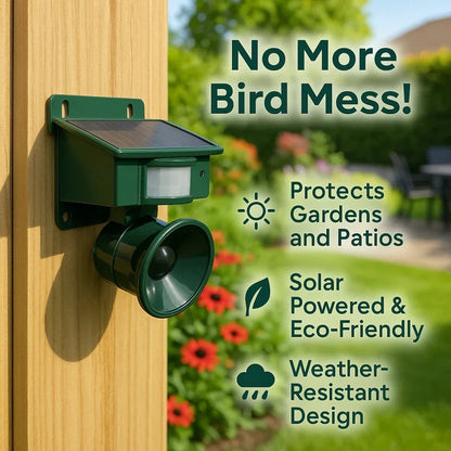 Belro motion sensor bird deterrent for crows and pigeons, outdoor pest control device with sound scare feature in a garden setting.
