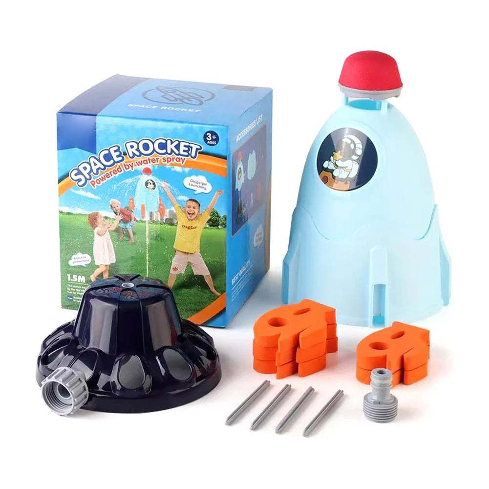 Kids Water Rocket Toy launched in a backyard, featuring colorful fins and a high-pressure water nozzle, by Belro.