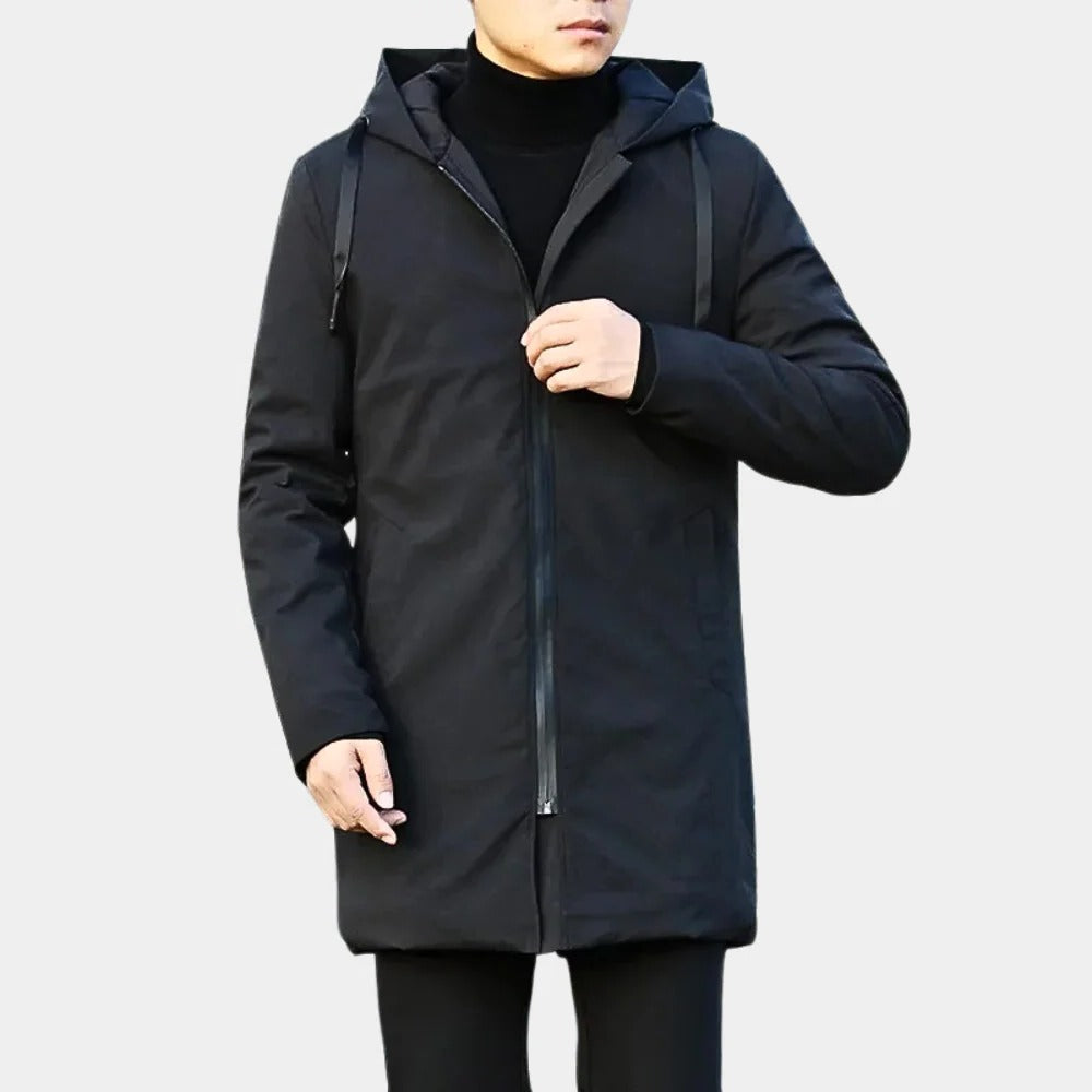 Belro Neat Long Men's Coat displayed on a hanger, showcasing its tailored fit and classic style in neutral fabric.