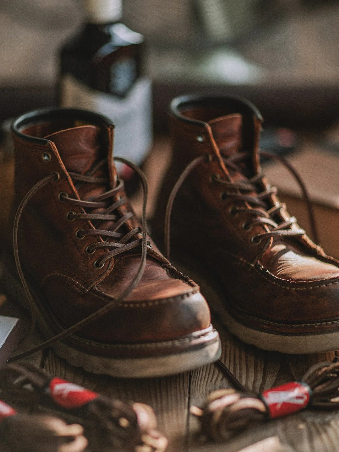 Men's Belro full grain leather moccasin toe work boots showing sturdy leather construction and rugged sole for durability.