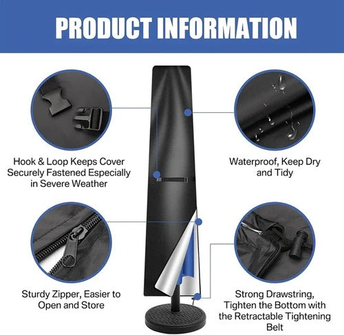 Belro waterproof outdoor parasol cover protecting a large umbrella from rain and weather in a garden setting