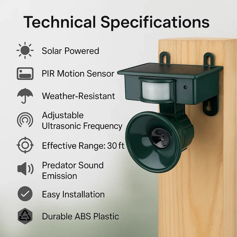Belro motion sensor bird deterrent for crows and pigeons, with sound scarer, outdoor pest control device in a garden setting