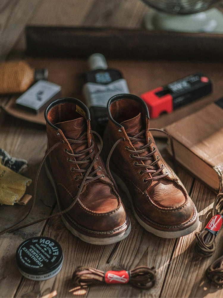 Men's Belro full grain leather moccasin toe work boots with sturdy soles and ankle support, designed for durability and comfort.