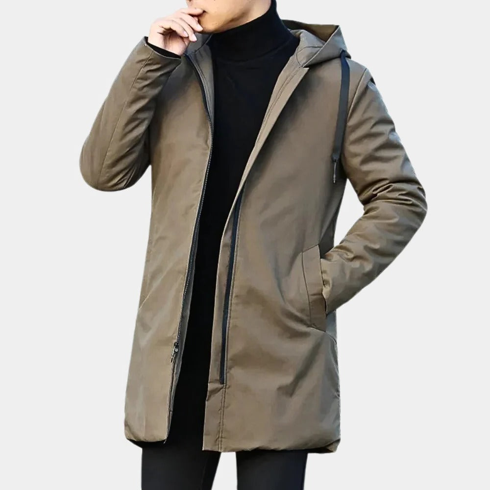 Belro Neat Long Men's Coat shown in black, stylish jacket with a sleek fit and classic collar, ideal for formal and casual wear.