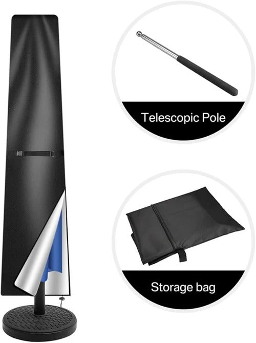 Belro waterproof outdoor parasol cover protecting a patio umbrella from rain and sun damage.
