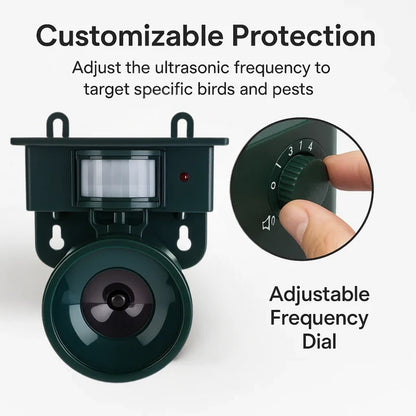 Belro motion sensor bird deterrent device for crows and pigeons, outdoor pest control with sound scarer in a garden setting