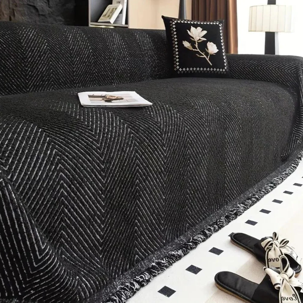 Belro Stripe Herringbone Couch Cover draped over a sofa, showcasing a stylish home decor accessory with a classic pattern.