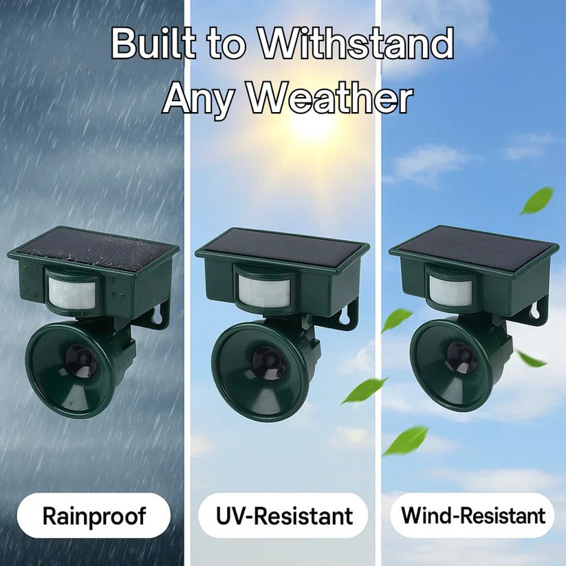 Belro motion sensor bird deterrent device for crows and pigeons, with sound scarer for outdoor pest control in the garden.