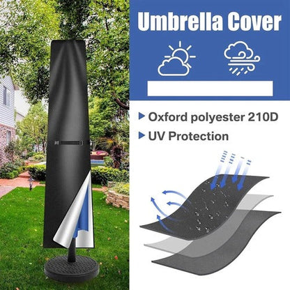 Belro waterproof outdoor parasol cover protecting a patio umbrella from rain and weather elements.