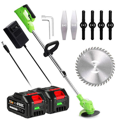 Belro cordless electric grass trimmer powered by a battery, shown in use with a man trimming a lawn, ideal for garden maintenance.