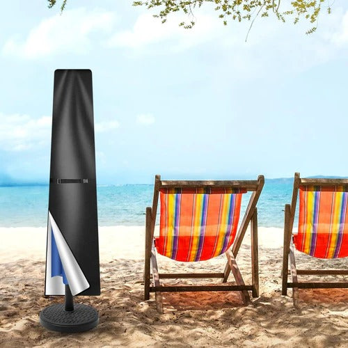 Belro waterproof outdoor parasol cover protecting a garden umbrella from rain and weather in a backyard setting.