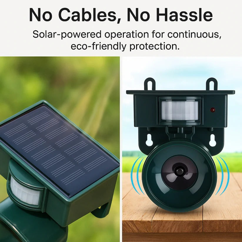 Belro motion sensor bird deterrent device for crows and pigeons, with sound scarer feature for outdoor pest control.