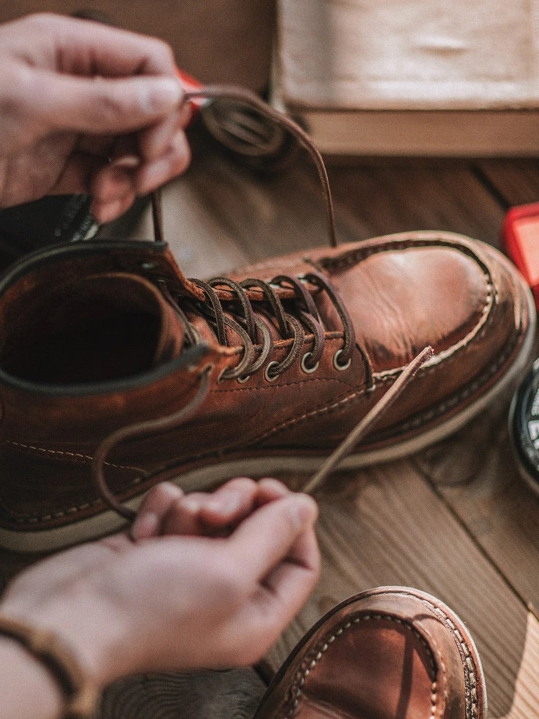 Men's full grain leather moccasin toe work boots by Belro, featuring durable leather construction and sturdy rubber soles.