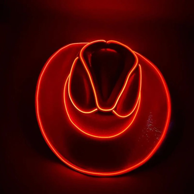 Belro LED cowboy hat with built-in lights, sun hat accessory featuring a wide brim and adjustable strap for outdoor wear.