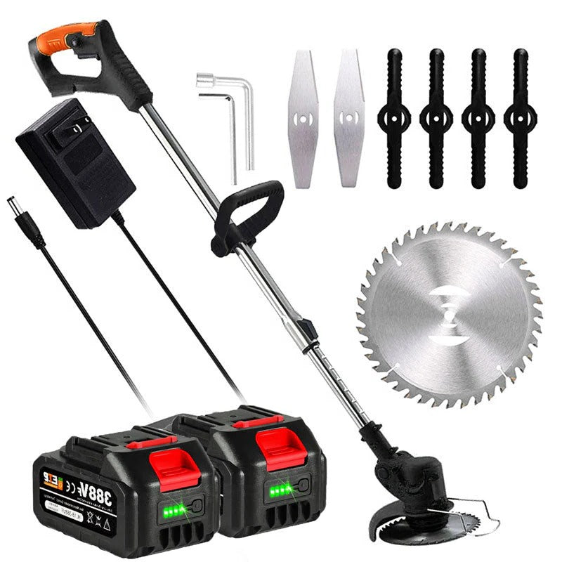 Belro cordless electric grass trimmer for men with battery operation, showing its lightweight design and cutting blade in action.