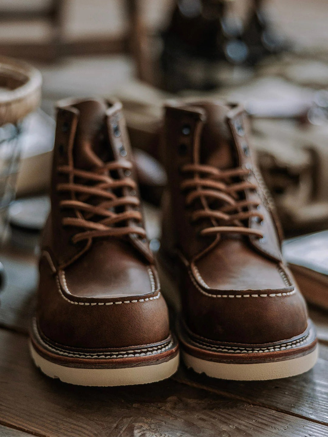Men's full grain leather moccasin toe work boots by Belro featuring sturdy construction and classic footwear style.