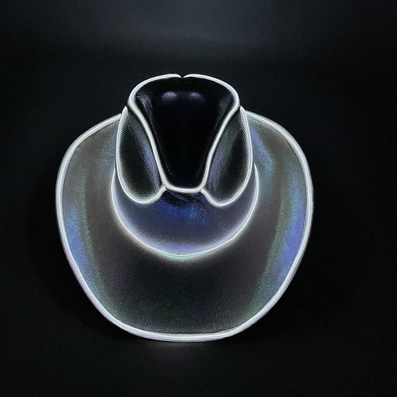 LED cowboy hat by Belro featuring bright light-up accents, sun hat style with wide brim and adjustable strap.
