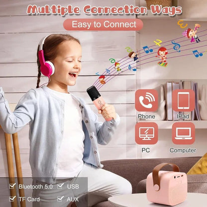 Kids karaoke machine by Belro with colorful microphone and control buttons, designed for energetic singing fun.