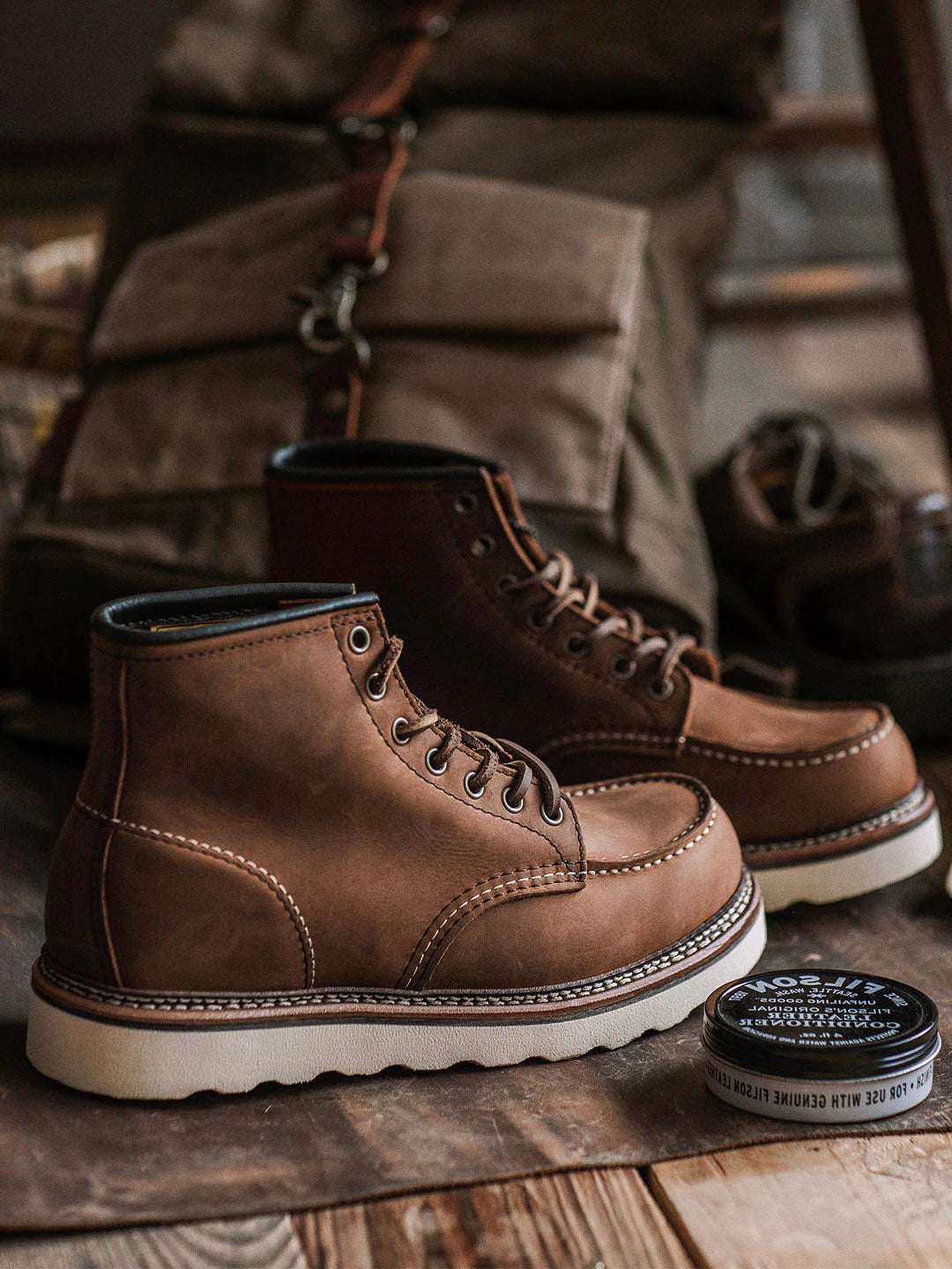 Men's full grain leather moccasin toe work boots by Belro, featuring sturdy construction and rugged design for outdoor work.