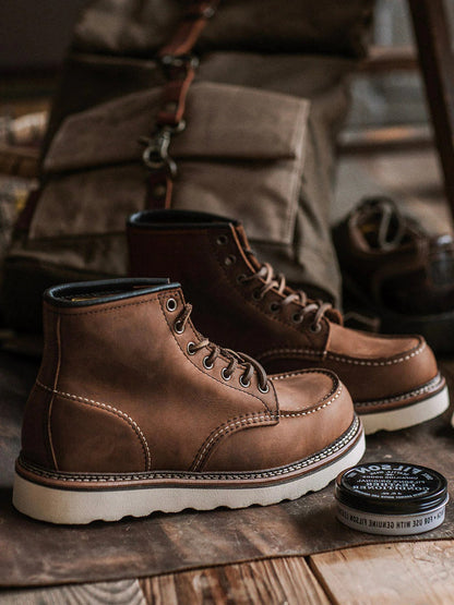 Men's full grain leather moccasin toe work boots by Belro, featuring sturdy construction and rugged design for outdoor work.