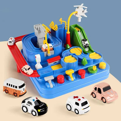 Children’s Belro mechanical vehicle track game with colorful toy cars on a multi-level track for kids' automotive play.