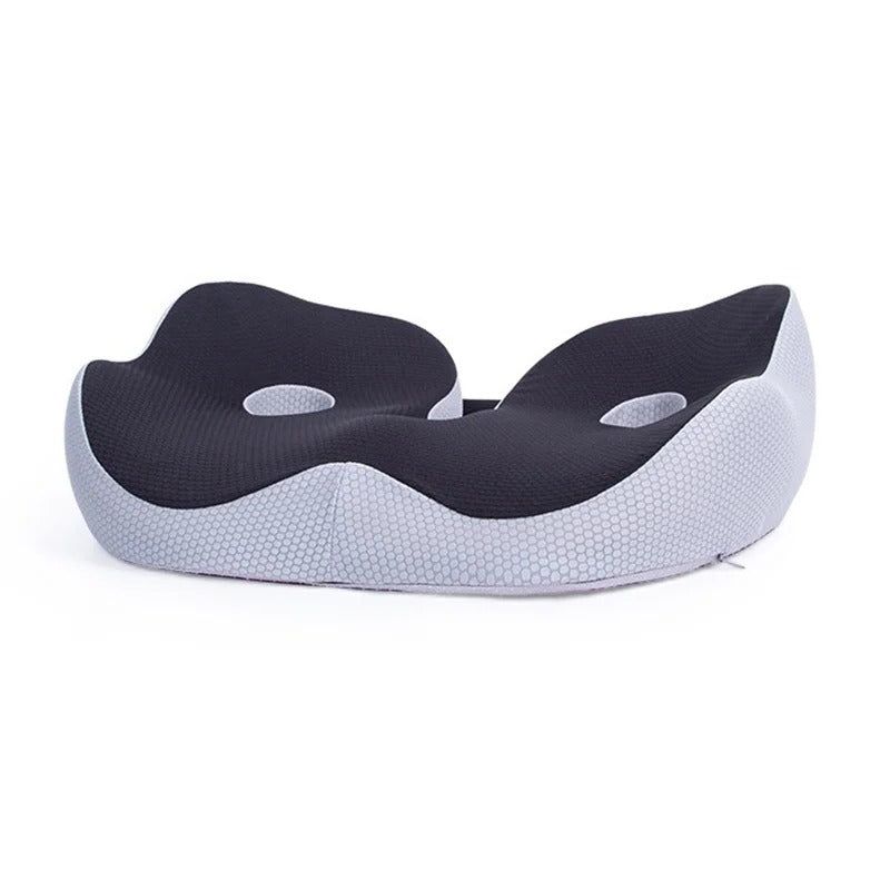 Belro adjustable memory foam sit bone relief seat cushion for back support, shown on a chair in a health and beauty setting.