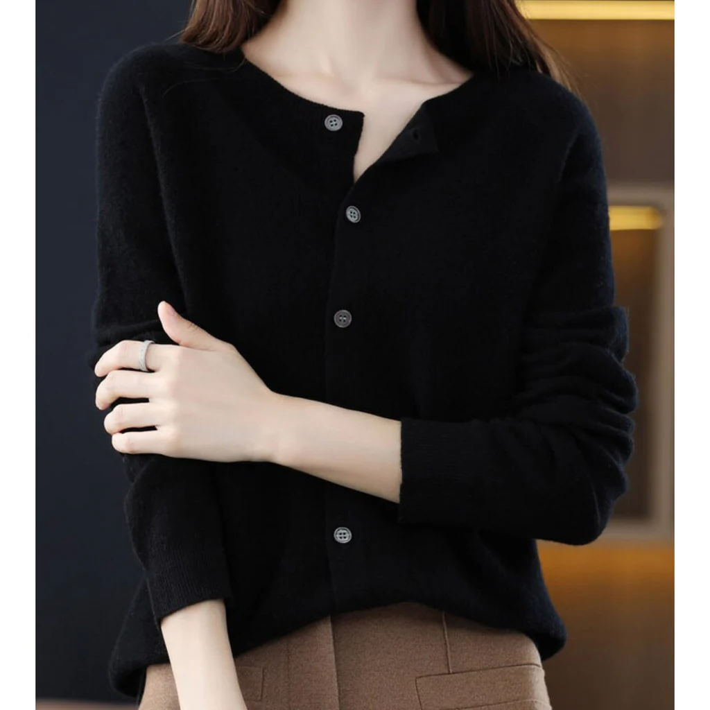 Women's round neck cardigan sweater by Belro, featuring a cozy knit fabric and classic design, ideal for casual wear.