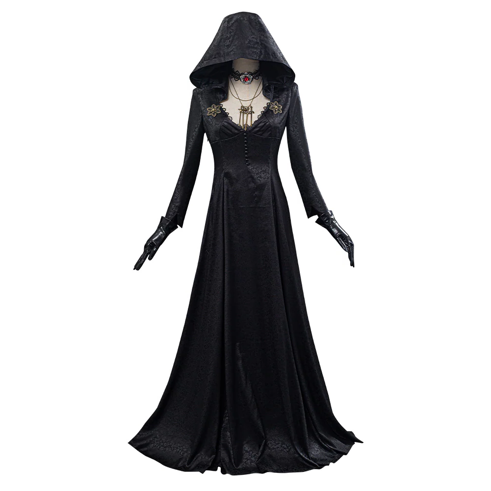 Belro Evil Village Vampire Lady cosplay dress featuring gothic design, black and red fabric, and intricate vampire-themed details.