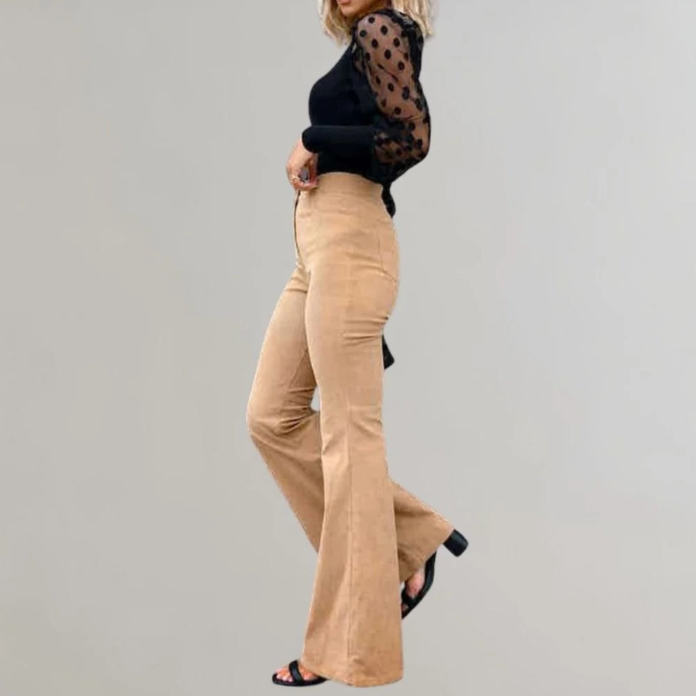 Belro trendy corduroy flared trousers, stylish pants with a wide-leg design, shown in a natural fabric and fit.