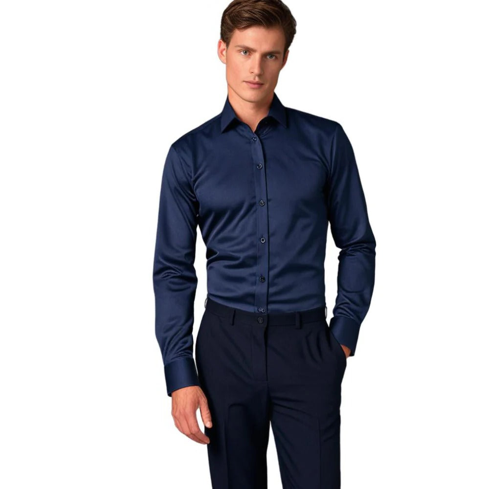 Men's Belro stretch shirt in light blue, featuring a classic collar and long sleeves, displayed on a hanger.