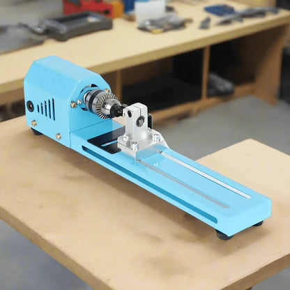 Mini Wood Lathe Machine from Belro, showcasing the compact woodworking tool with control knobs and turning spindle.
