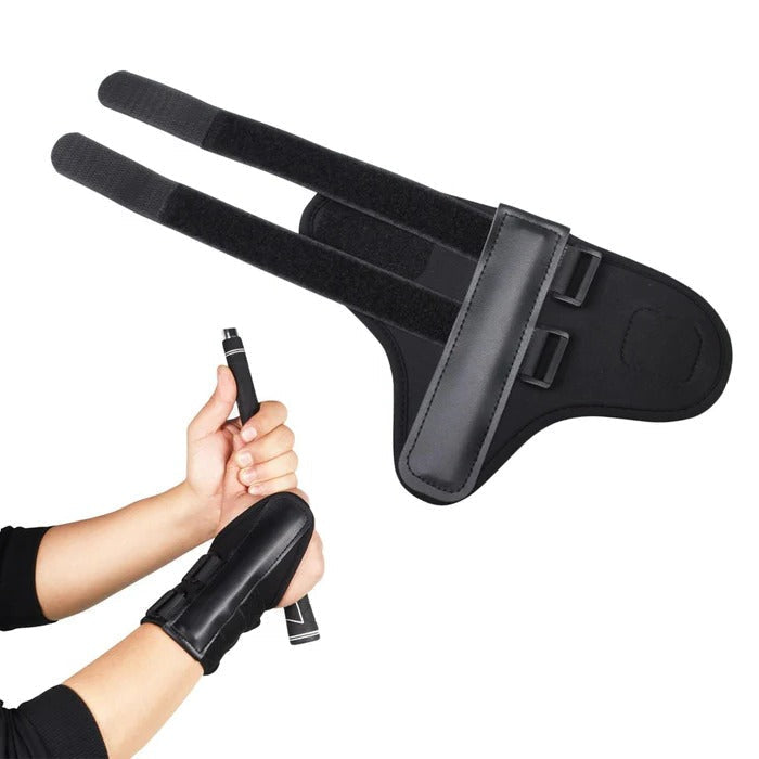 Belro golf wrist brace band trainer for swing alignment, shown on a golfer's wrist in an outdoor setting.