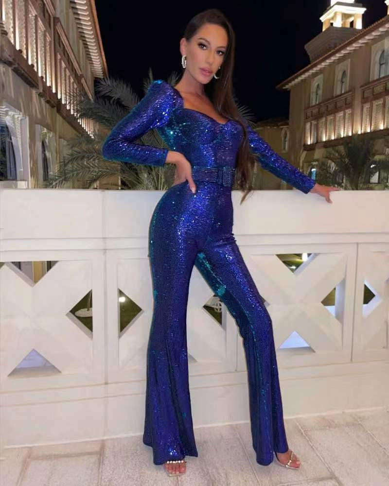 Men's Belro sequin long-sleeved jumpsuit, shiny and stylish clothing with full-length sleeves, suitable for formal or nightwear.