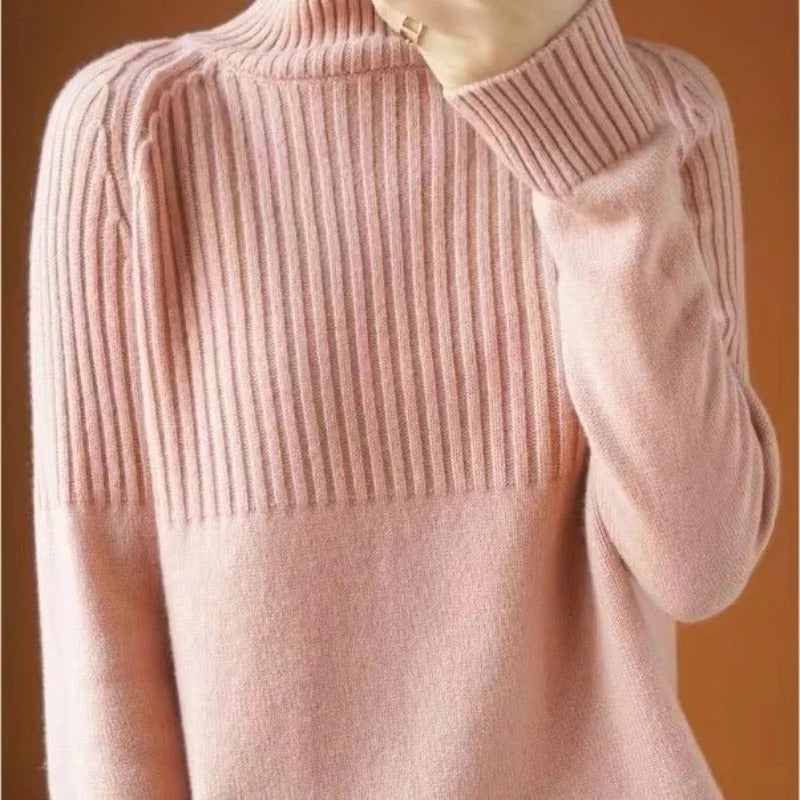Women's Belro cashmere turtleneck sweater, soft beige knit with ribbed collar and long sleeves, cozy and stylish clothing.