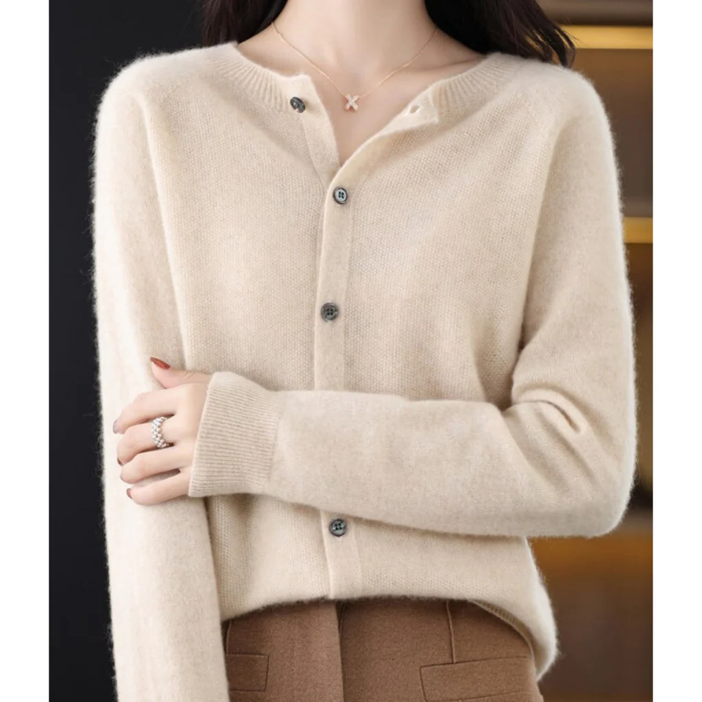 Belro women's automotive-themed round neck cardigan sweater with detailed stitching and a stylish fit.