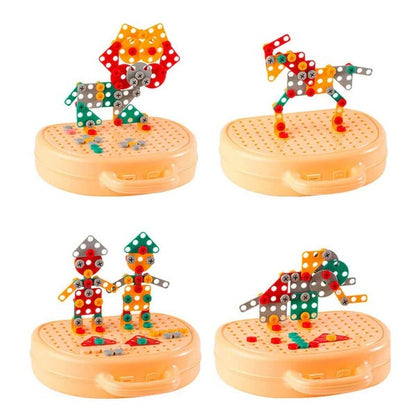 Children's electric drill puzzle toy from Belro, part of a kids' toolbox set, with colorful tools and hardware accessories.