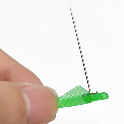 Belro Easy Threader Fish Type sewing machine needle threader for men's clothing, showing the compact tool in a close-up shot.