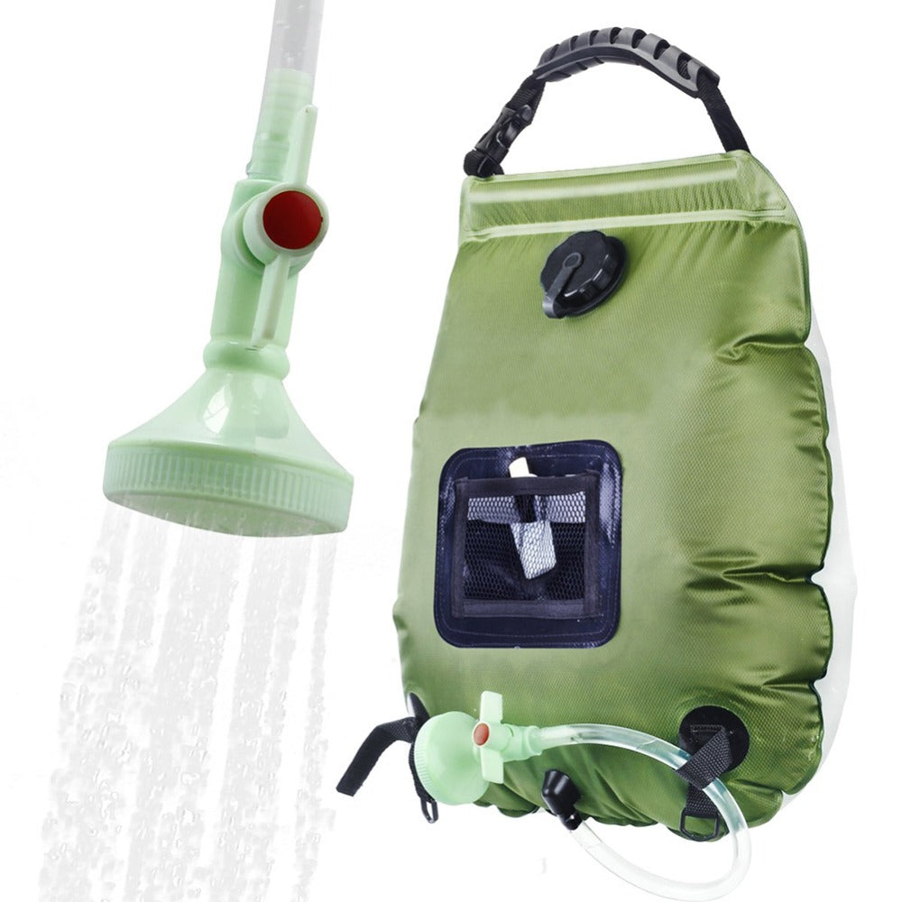 Belro outdoor shower water bag hanging outdoors, used for garden or camping showers, made of durable material for outdoor use.