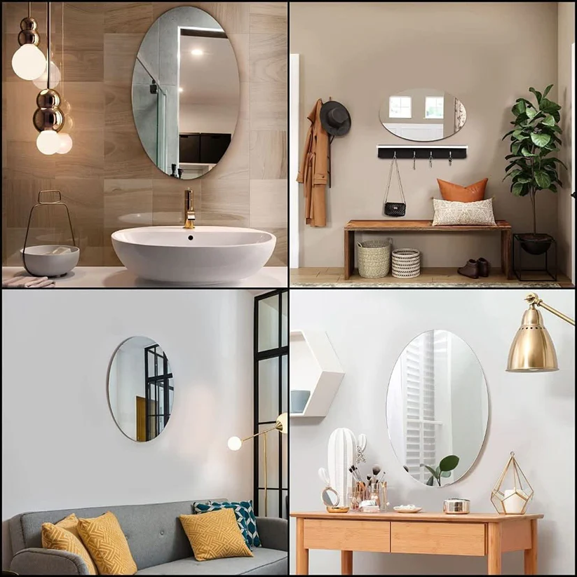 Oval-shaped adhesive mirror from Belro, a versatile tool for home decor or bathroom use, with a reflective glass surface and adhesive backing.