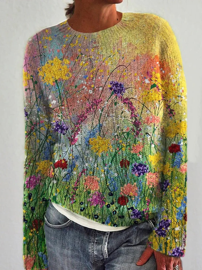 Belro flower oil painting art cozy sweater, soft clothing dress with vibrant floral design, comfortable and stylish for casual wear.