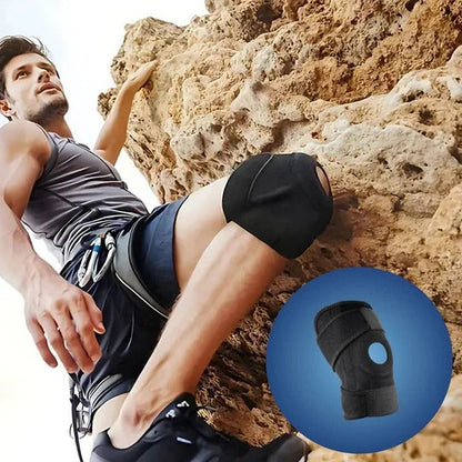 Belro knee support with adjustable compression for pain relief, injury recovery, arthritis, and sports stability, shown on a person.